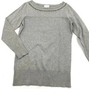 BISOU BISOU Silver Metallic Embellished Long Sleeve Sweater Size L.